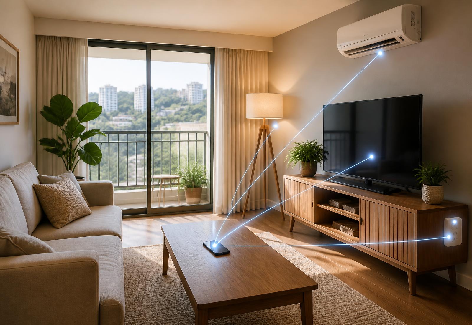 Sala de apartamento com smartphone conectado a luzes, ar-condicionado, TV e tomadas, transmitindo segurança e tranquilidade
